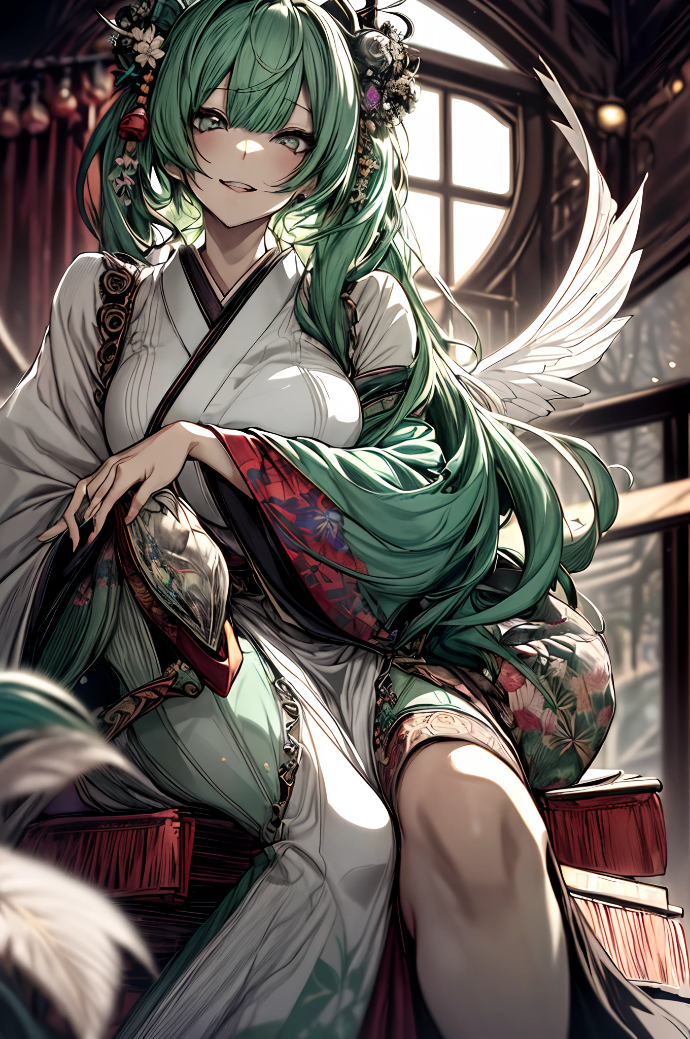 Anime girl with green hair sitting on a chair in a room - SeaArt AI