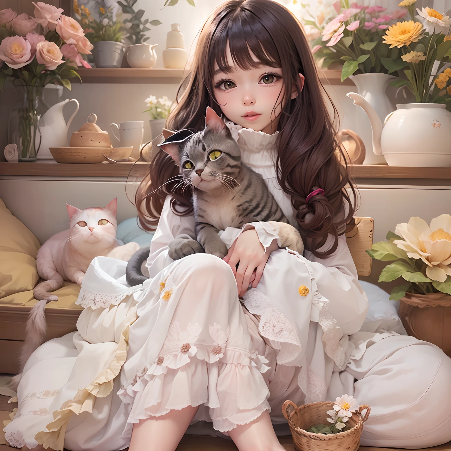 (Cat cuddling､) a cute little cat(tiered layers skirt ､) a beauty girl，((loose and fluffy long hair,，))Best Quality，top-quality，Fine hands，Fine fingers，(Western-style room with many flowers，)