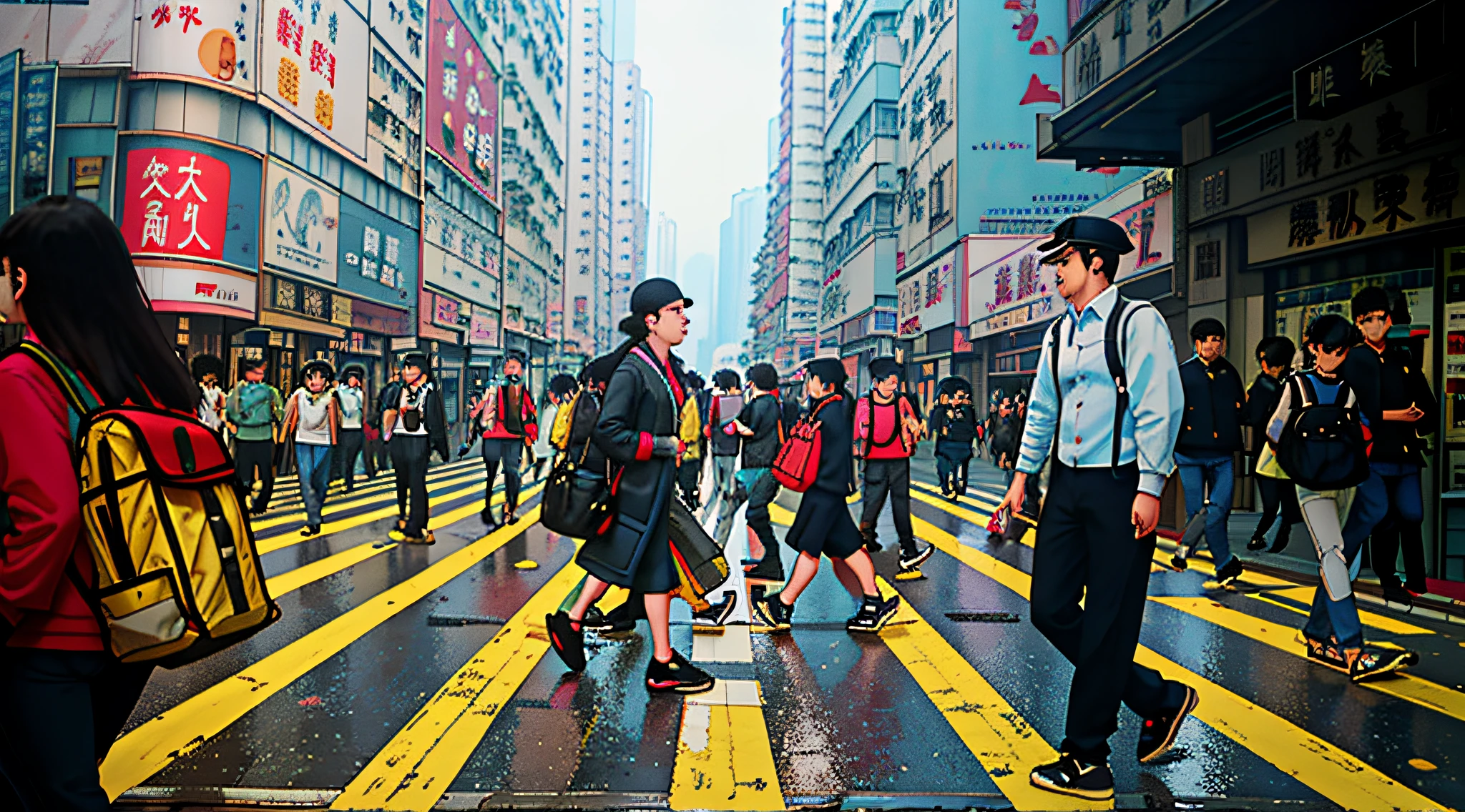 people walking across a crosswalk in a busy city street, people walking down a street, streets of hong kong, people walking on street, busy streets, people walking in street, travelers walking the streets, busy streets filled with people, street of hong kong, busy street, crowded street, crowded streets, people on the streets, people walking around, people in the streets