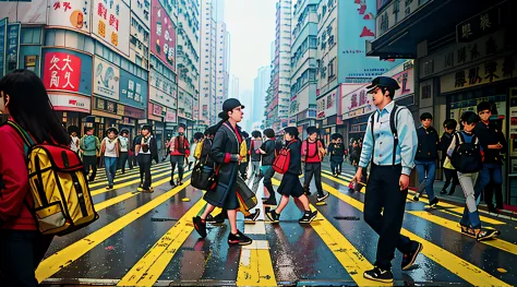 people walking across a crosswalk in a busy city street, people walking down a street, streets of hong kong, people walking on s...