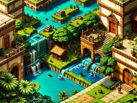 pixel Age of Empires game scene, top-down view, beautiful (Inca town, cascade waterfalls), mountains, exotic flora, clear water,...