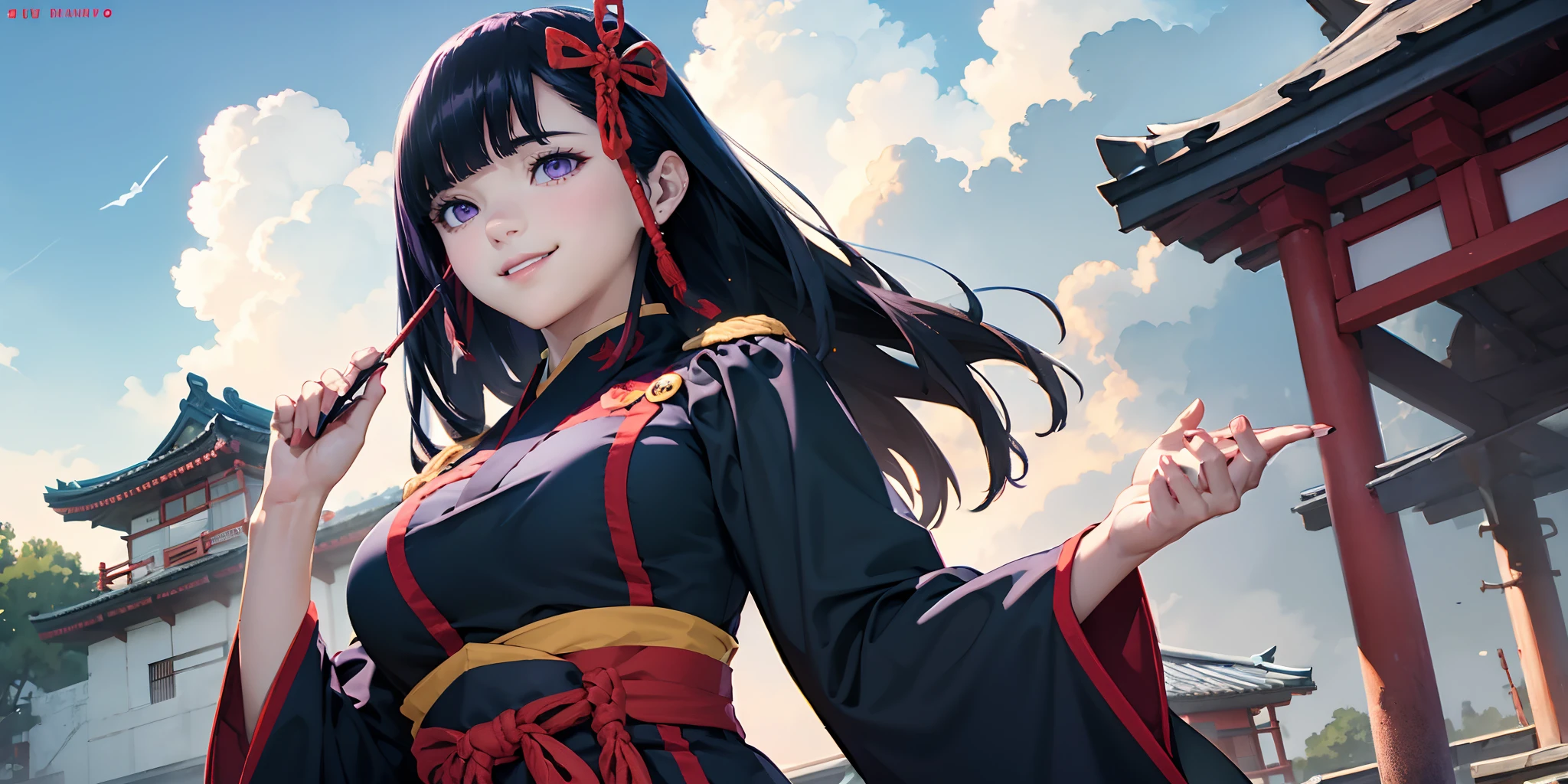 1fille, cheveux_ornement, grand_manches, seins, Long_cheveux, noir_cheveux, Japonais_vêtements, se maquiller, nuage, kimono, ceinture, noir_kimono, frange, violet_yeux, regarder_à_téléspectateur, debout, nuagey_Ciel, taupe, grand_seins, seulement, Ciel, très_Long_cheveux, cœur, sourire, Lèvrestick, rouge_Lèvres, émoussé_frange, taupe_sous_bouche, Long_manches, Lèvres