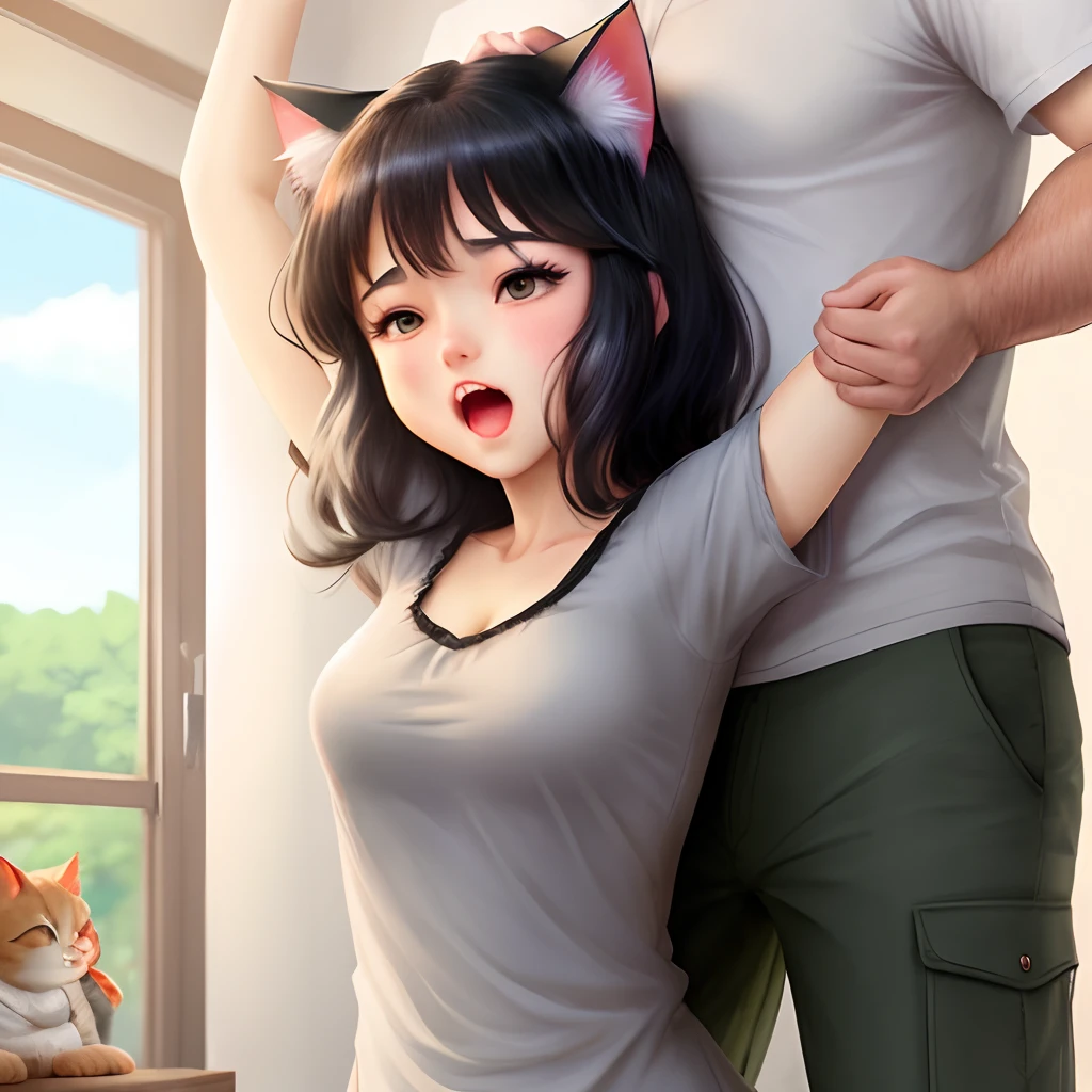 Anime girl with cat ears and a man holding her back - SeaArt AI