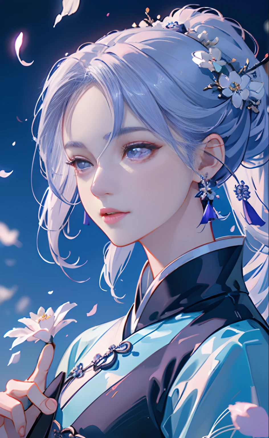 Mature girl, purple eyes, blue-white hair color, floating hair, delicate and flexible eyes, intricate damask hanfu, gorgeous accessories, wearing pearl earrings, fov, f/1.8, masterpiece, ancient Chinese architecture, blue sky, flower petals flying, front portrait shot, Chang'e, side lighting, sunlight on people, 8K