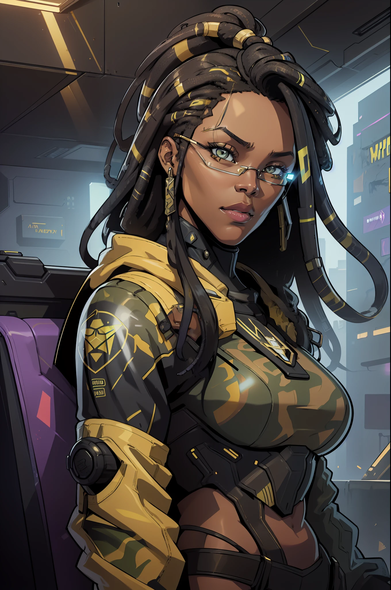 súper alta resolución, mejor calidad, (ilustración: 1.2), iluminación cinematográfica, Mujer afroamericana de 23 años que viste ropa de camuflaje militar y forma parte de un equipo llamado Crows., Además, lleva gafas de sol de espejo y también tiene rastas en el pelo. (Ciberpunk 2020)