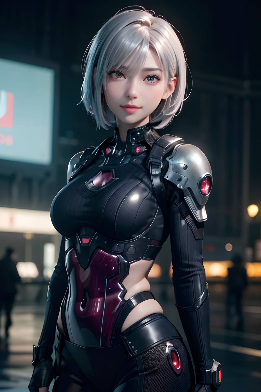 (8k, photorealistic, RAW photo, top quality: 1.4), (1girl), super beautiful, (realistic face), (boyish, silver-colored berry short hair), beautiful cyberpunk suit, glares seducing viewer, beautiful expression, beautiful breasts, (realistic skin), beautiful smile, (soldier), attractive, ultra high resolution, ultra realistic, high definition, spoiled
