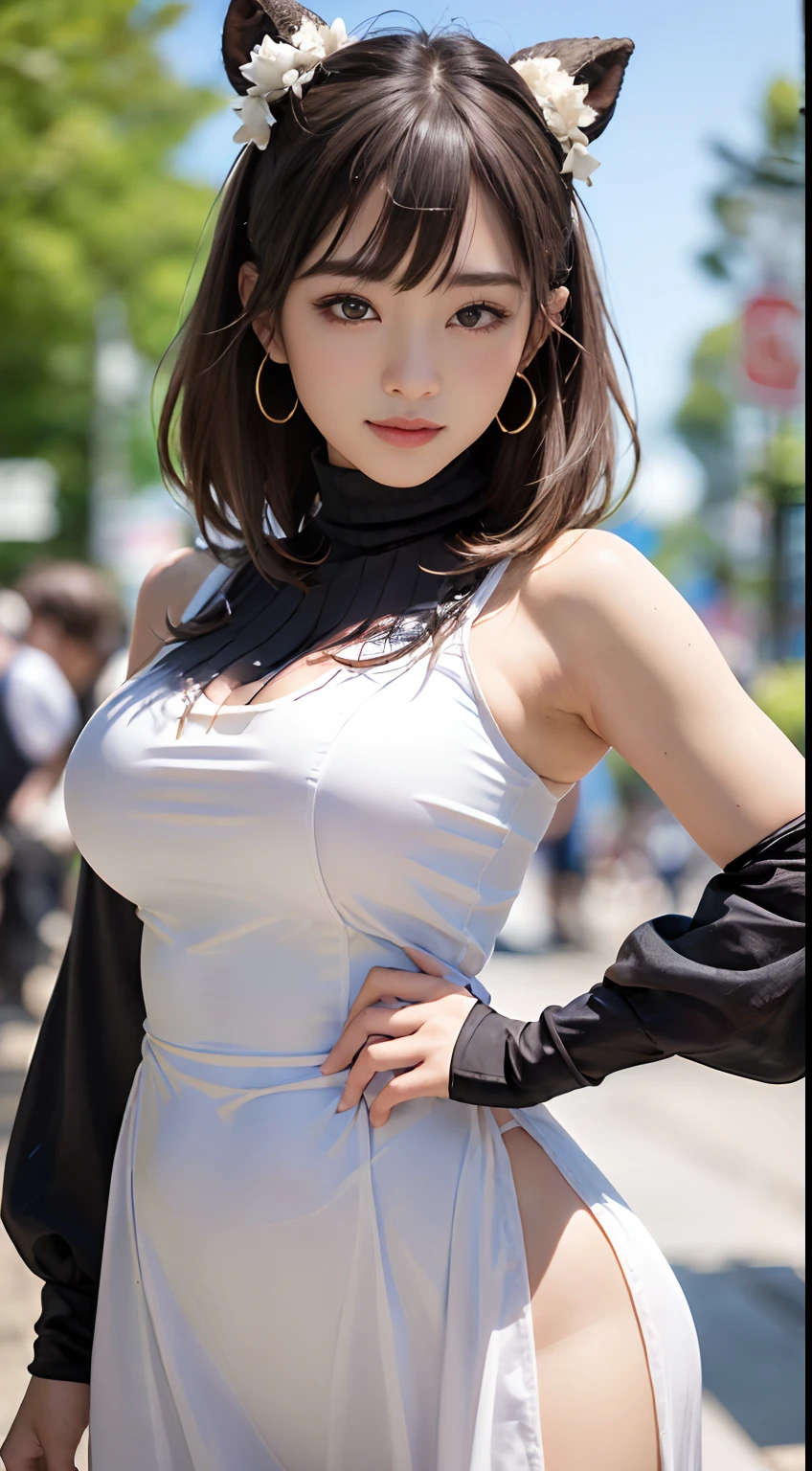 (8K, 超A high resolution, Best quality, masutepiece:1.2)、RAW portrait of japanese girl、超A high resolution、top-quality、 (huge-breasted,:1.8)、｛a skirt:1.5｝、(wear a  turtleneck:1.5)、(hand to hip:1.6)、(In the street:1.2) BREAK (Natural skin texture、Detailed skin、Hyper-realism、ultra-sharpness)、intricately details、depth of fields、Sexy adult woman、short black straight hair、((tmasterpiece、top-quality、high detal))、(Photorealsitic:1.4)、solo、Keep one's mouth shut、Smile happily、largeeyes、Distinct double eyelids、eyeslashes、Long neck、Absolute area、Clean collarbone、face perfect、Thin lips、a small face、(Gaze towards the viewer、highlights in the eyes、Light brown eyes、Gloss on lips)、(From the side:1.5)｛pull、head to toe、Show your whole body:1.2｝ negative　The maid's clothes　Show your　Show the whole body
female