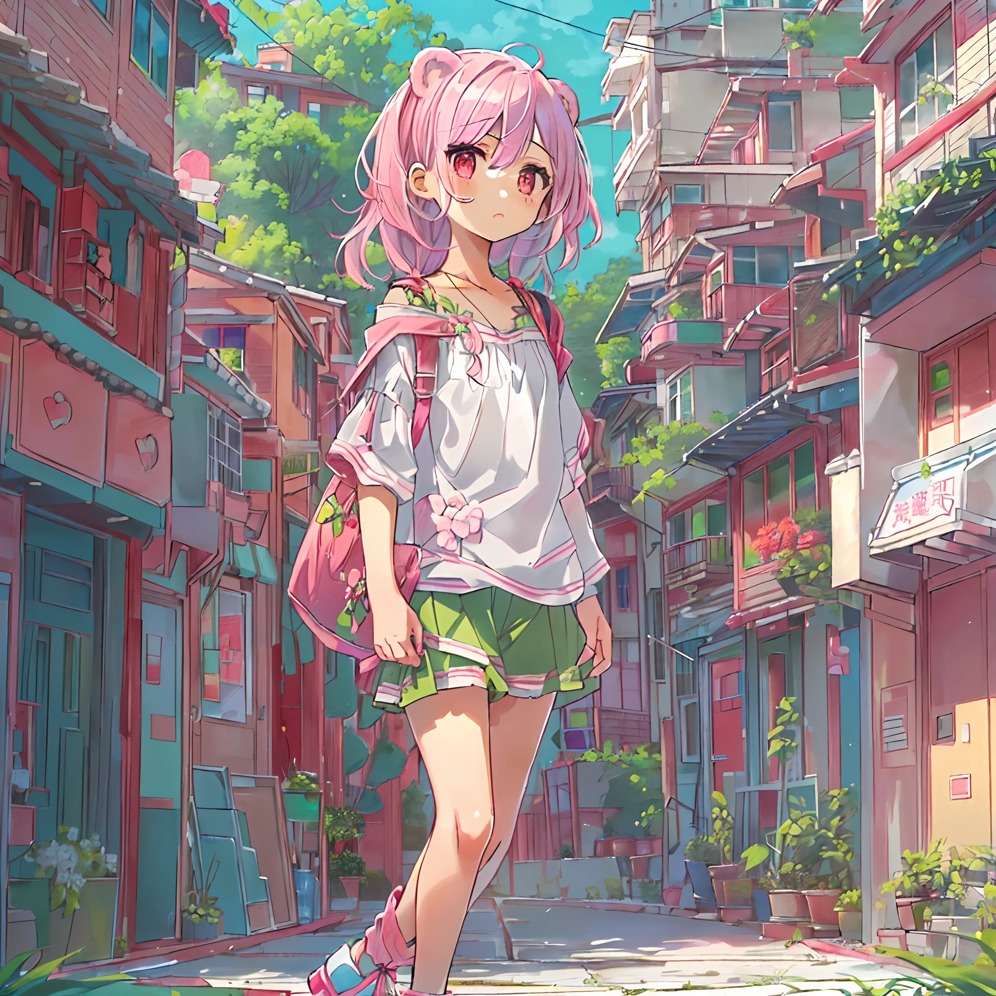 absurderes, hight resolution, (illustratio: 1.3)、 ((masutepiece)), animesque、((Best Quality)), (Ultra-detailed),  (Beautiful), ((Girl walking in bright residential area:1.6)), (Lori:1.7), 独奏,(Little 7 year old girl:1.6)、Beautiful face、full body Esbian、white and clear skin、Detailed crimson red eyes、Pink colorful hair、Be shy and look away、(Cute trendy casual clothes:1.4)、low angles、full body Esbian、Twin-tailed、Behind her is a big ferocious bear、elementary student、I don't wear panties.