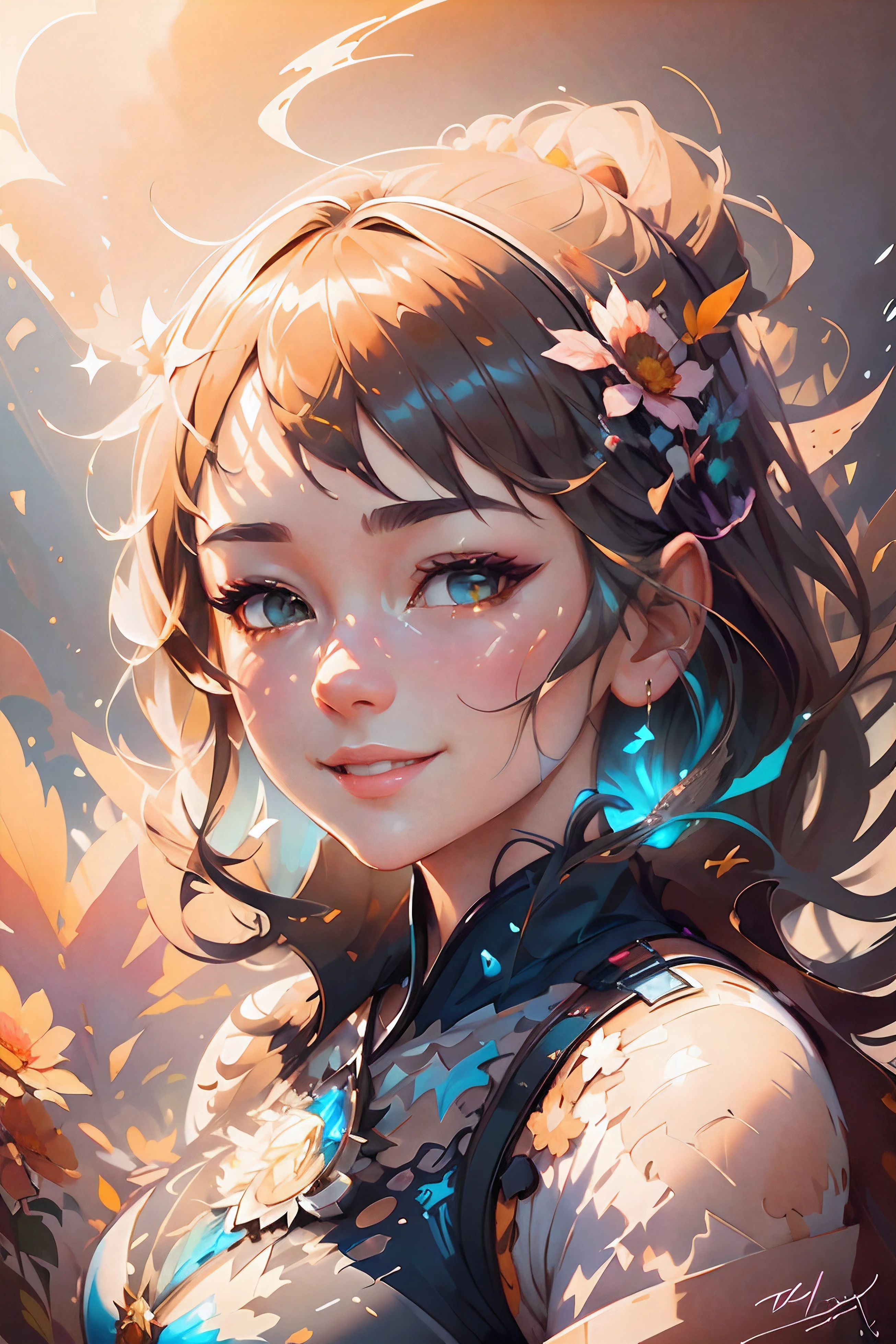 a potrait of a woman with a smile on her face, stanley artgerm lau, realistically shaded, photoreal, the girl and the sun, a beautiful teen-aged girl, clean image, pastel artwork, highly detailed, smoky background,superior high quality