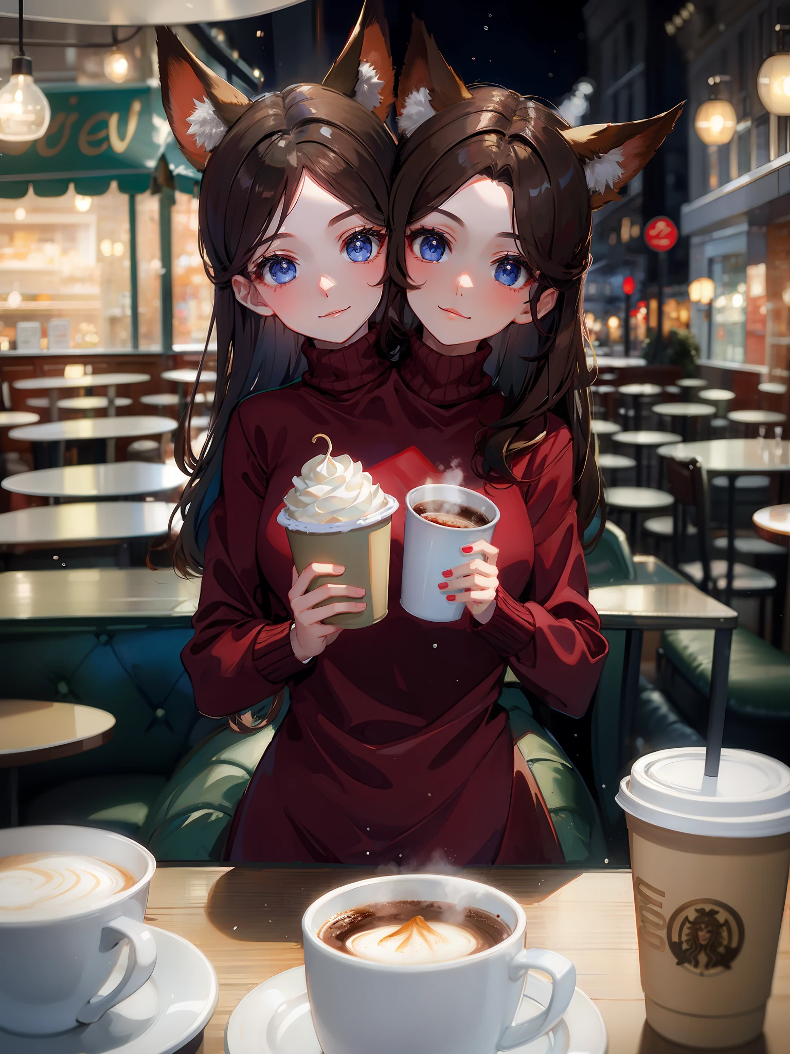 (2heads:1.5), 1girl, brown hair, fox ears, blue eyes, red coat, green turtleneck, holding a cup of coffee, inside a cafe, snowing outside, night, close-up, (masterpiece, best quality), best resolution