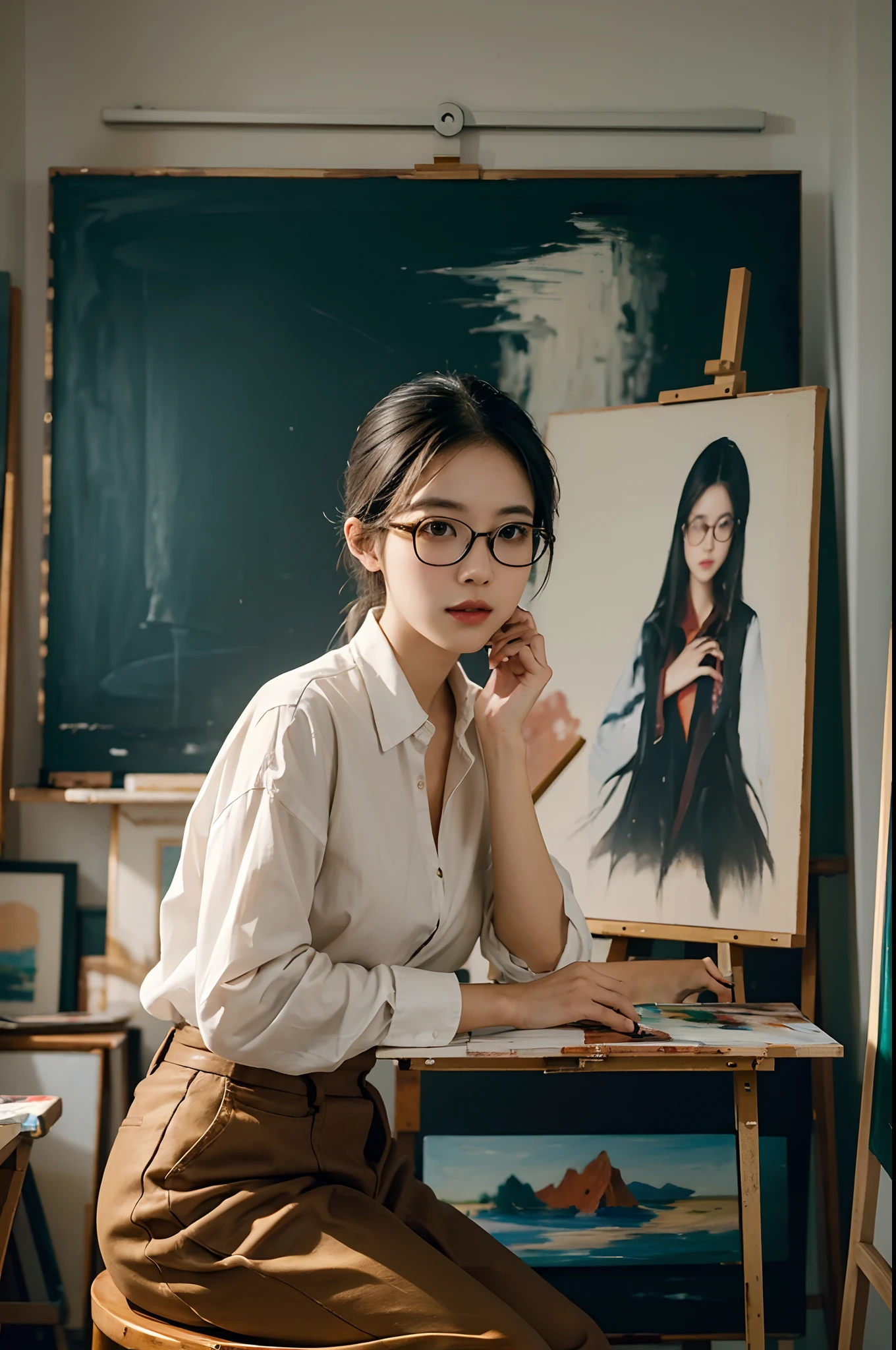 there is a woman sitting on a chair with a จิตรกรรม on the easel, a fine art จิตรกรรม inspired by Lin Liang, อาร์ตสเตชั่น, ศิลปะกระบวนการ, ด้วยแว่นตา, ด้วยแว่นตา on, ในห้องศิลปะของเธอ, สาวเอเชียที่สวยงาม, จิตรกรรม, จิตรกรรม, แว่นตาหนา, สวมแว่นตา, สาวเกาหลี, แต่งตัวเต็มตัว. จิตรกรรม of sexy, รูปลักษณ์เนิร์ด