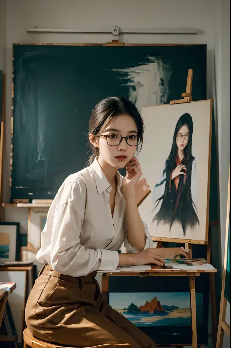 there is a woman sitting on a chair with a painting on the easel, a fine art painting inspired by Lin Liang, Artstation, process...