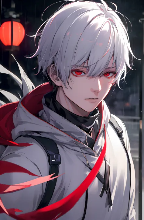 best quality, more details, masterpiece, 1boy, kaneki ken, portrait, male focus, red eyes, solo, bangs, looking at viewer, hood,...