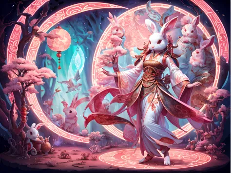 tmasterpiece，Map of Gufeng，scenecy，Bodin，circle of the crone，(personification：1.4），（full body shot of），（China - chic 1 female rabbit，Solo，Hanfu，standing on two feet，Oriental elements，tchibi，1 moon，The tree，Light pink theme）