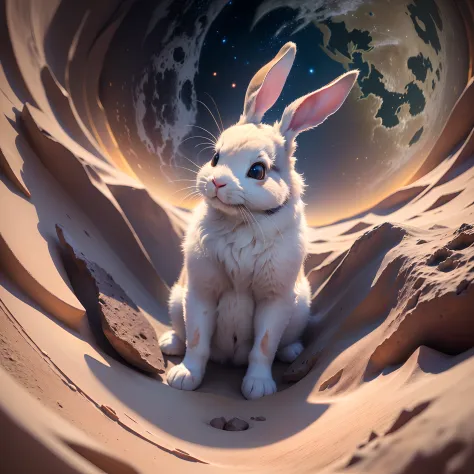 (Best quality,9K,A high resolution,Masterpiece:1.2),Bunny on the Moon,Illuminated by cinematic lighting,Global illumination,Ray tracing,Shot with a Nikon D750,Shot with a Nikon D750,Shot with the Canon 80D