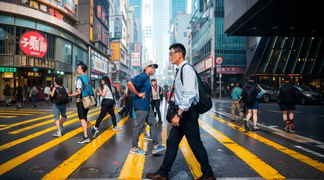 people walking across a crosswalk in a busy city street, travelers walking the streets, people walking down a street, streets of...