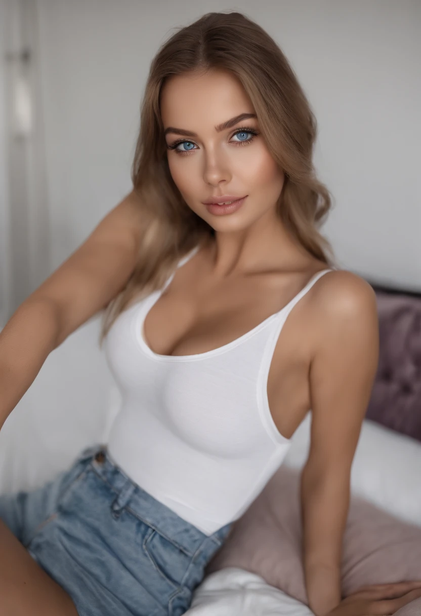 A close up of a woman in a white tank top and denim shorts - SeaArt AI