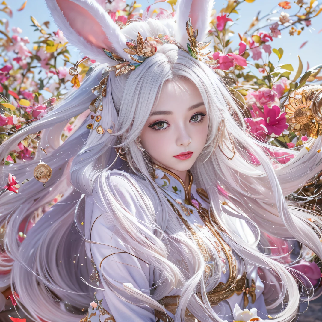 White Longhair Rabbit 32K（tmasterpiece，k hd，hyper HD，32K） a color，  Flowing white long-haired jade rabbit（Slightly drunk jade rabbit）， （blusher）， Combat posture， looking at the ground， Flowing white long-haired jade rabbit， Floating hair， Carp pattern headdress， White long-haired jade rabbit （Abstract jade splash：1.2）， Fallen leaf background，Pink and white lotus flowers fly（realisticlying：1.4），Falling leaves fluttering background pure， A high resolution， the detail， RAW photogr， Sharp Re， Nikon D850 Film Stock Photo by Jefferies Lee 4 Kodak Portra 400 Camera F1.6 shots, Rich colors, ultra-realistic vivid textures, Dramatic lighting, Unreal Engine Art Station Trend, cinestir 800，Flowing white long-haired rabbit，Moon