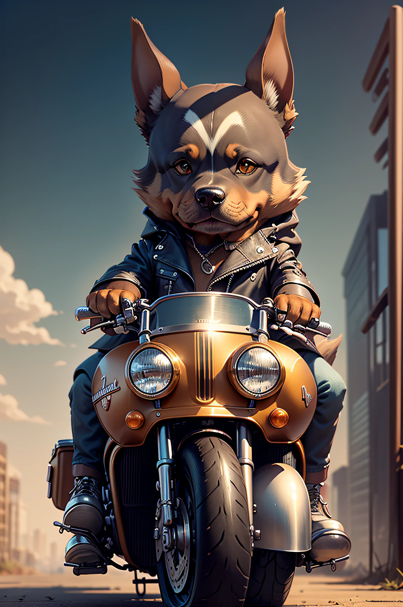 クソ,革のジーンズを着たハーレーダビッドソンに乗る漫画のドーベルマン犬（ドーベルマン犬の外見の特徴、サングラス）