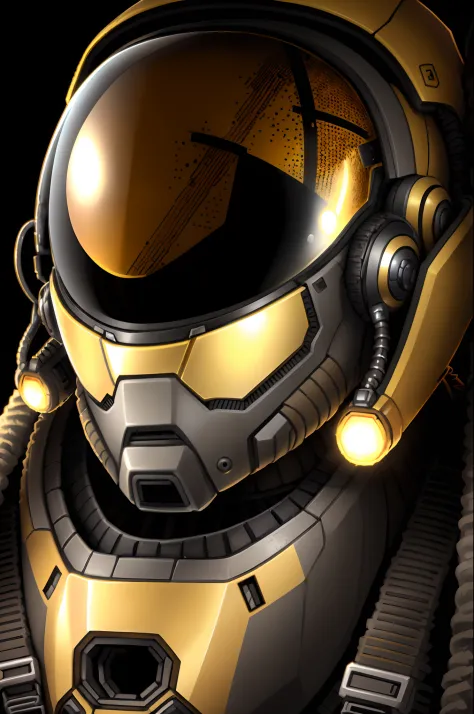 starsector, a portrait of an ancient robot, fundo em branco, foco no rosto, terno de alta tecnologia, Yellow armor with technological helmet with black visor, a post-apocalyptic futuristic city