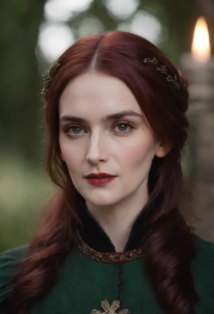 (((a deep reddish wound crosses her left cheek))) fair complexion, winona ryder, natural white hair, distinctive green eyes, wearing kohl, slender and graceful, beautiful, candlelight in a medieval setting, ultra sharp focus, realistic shot, medieval femal...