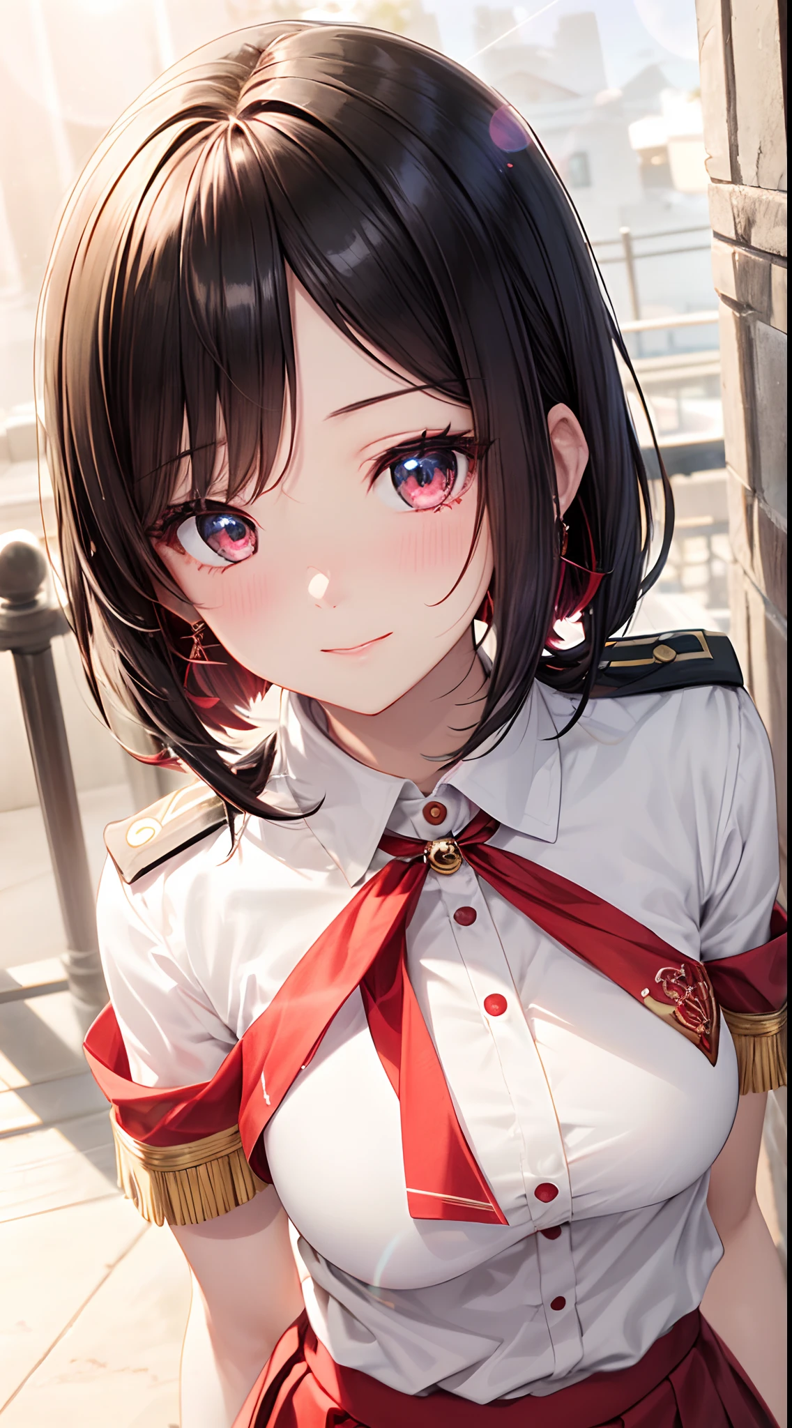 absurderes, ultra-detailliert,bright colour, extremely beautiful detailed anime face and eyes, view straight on, ;D, shiny_skin,25 years old,Short hair, , asymmetrical bangs, Blonde hair with short twin tails, Shiny hair, Delicate beautiful face, red blush、(Jet black uniform:1.3)、(Lens Flare:1.4)、(Bullish face:1.2)、Forehead,Looking at Viewer、a red skirt、(Ruby eyes:1.2),Midnight Ruins、red necklace、red earrings、Dark scenery