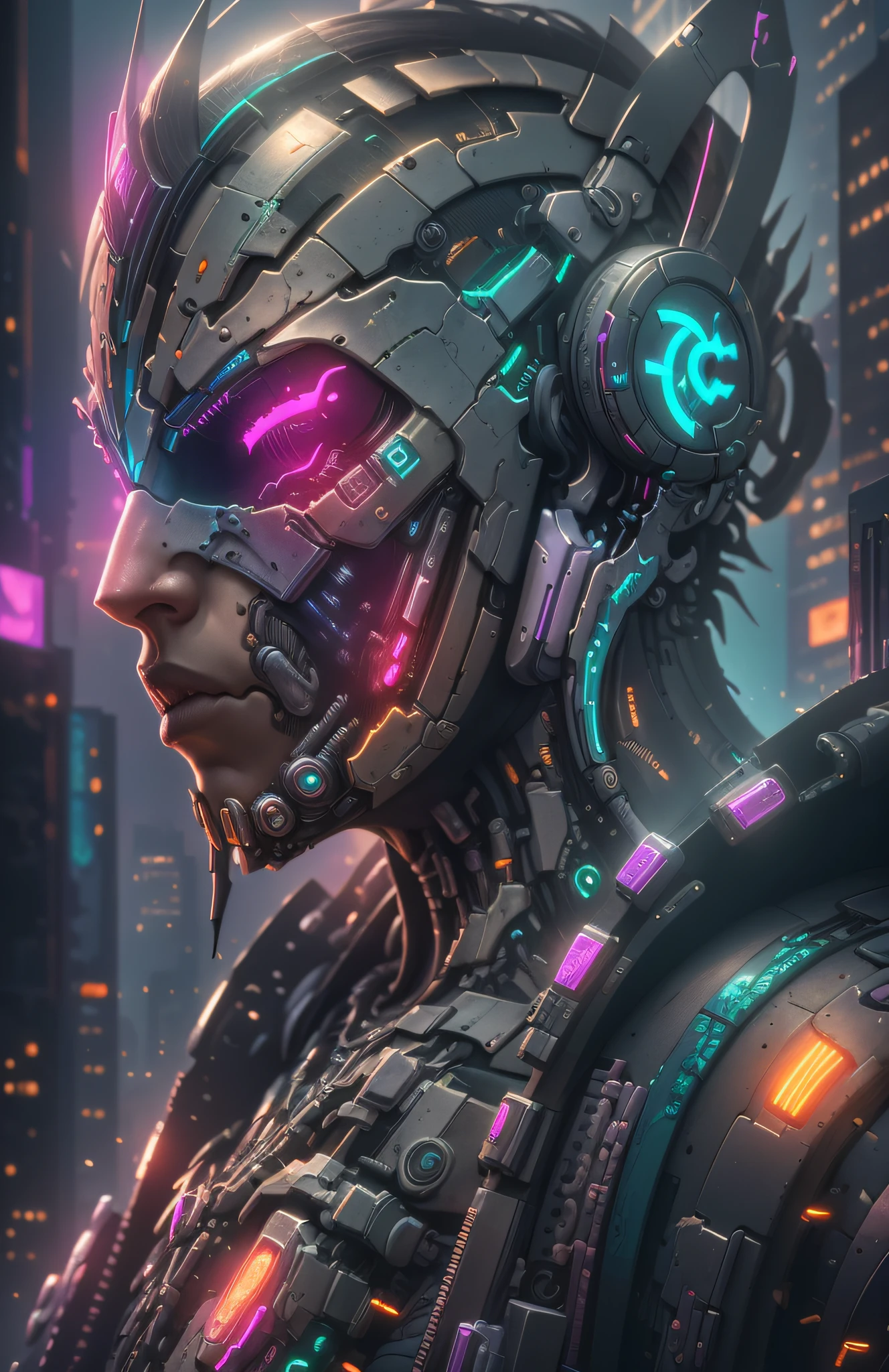 DC photography, cyberpunk biomechanics, detailed face, complex robot,  cyberpunk logo, full growth, hyper-realistic, crazy little details, incredibly clean lines, cyberpunk aesthetic, masterpiece featured on Zbrush Central, cyberpunk city backdrop