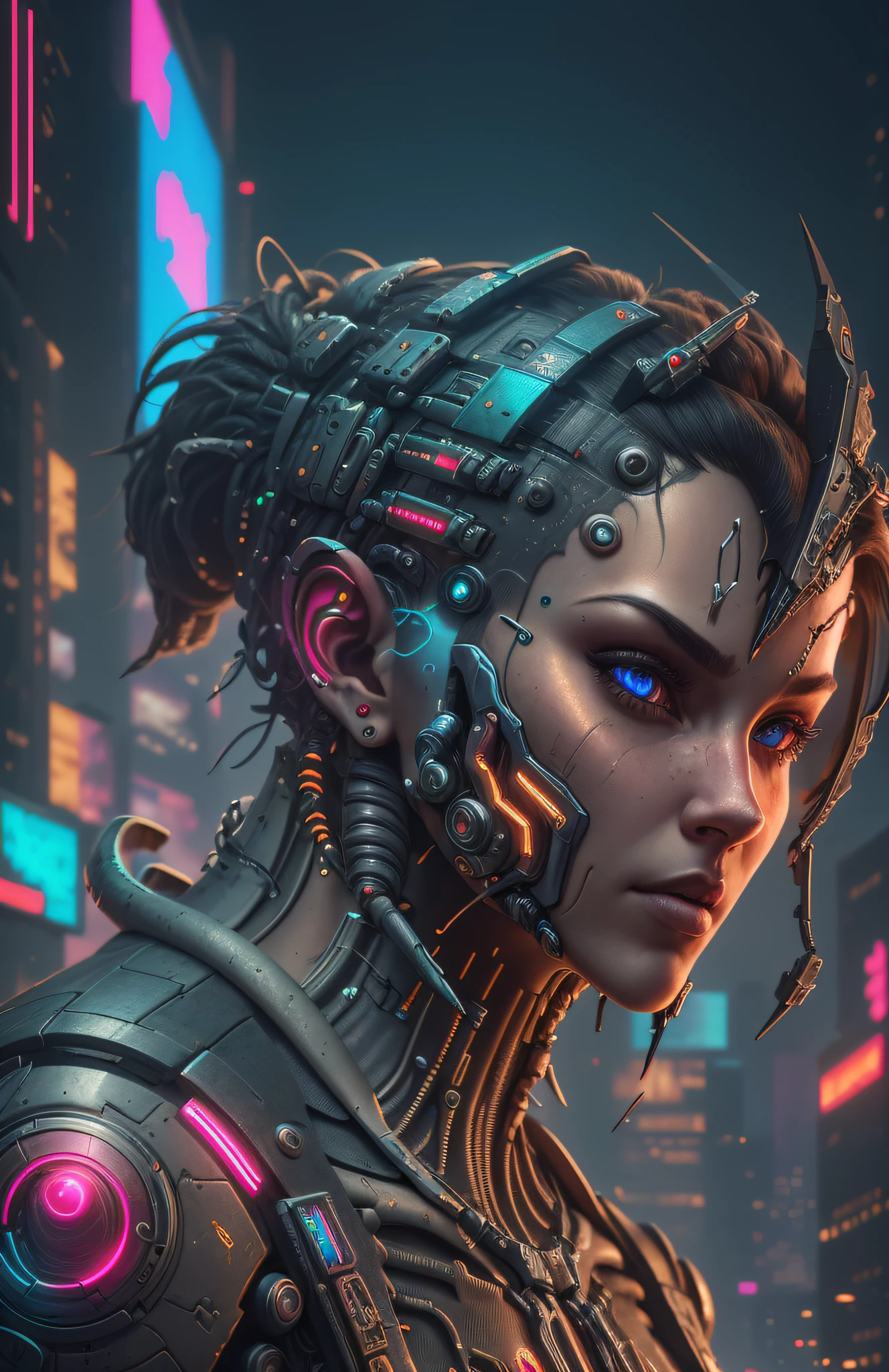 Fotografia DC, Biomecânica Cyberpunk, rosto detalhado, robô complexo,  Cyberpunk logo, crescimento total, hiper-realista, Pequenos detalhes malucos, linhas incrivelmente limpas, estética ciberpunk, obra-prima apresentada no Zbrush Central, cenário da cidade cyberpunk