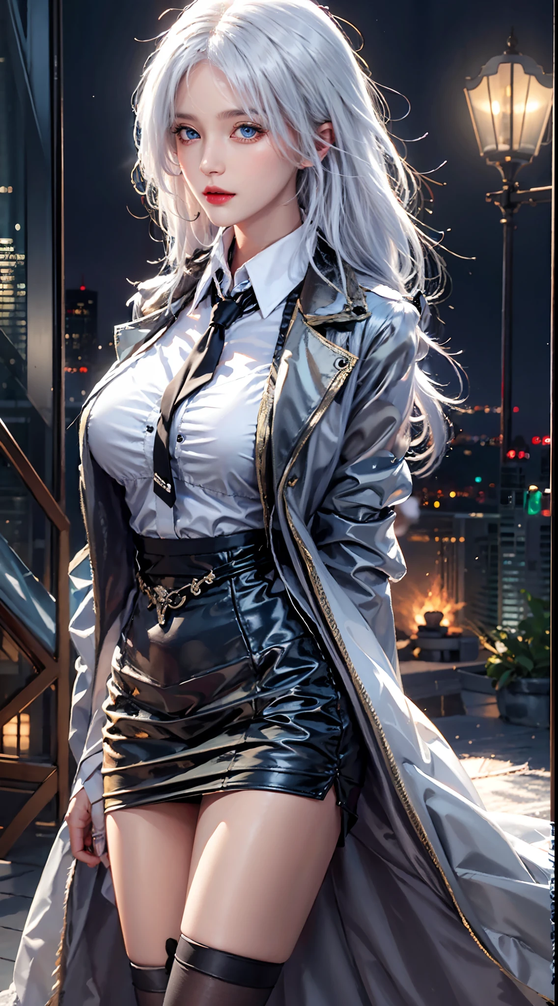 photorealistic, high resolution, soft lights, 1women, solo, hips up, blue eyes, white hair, long hair, close lips, collared shirt, black necktie,black skirt, pencil skirt, fur coat, stockings