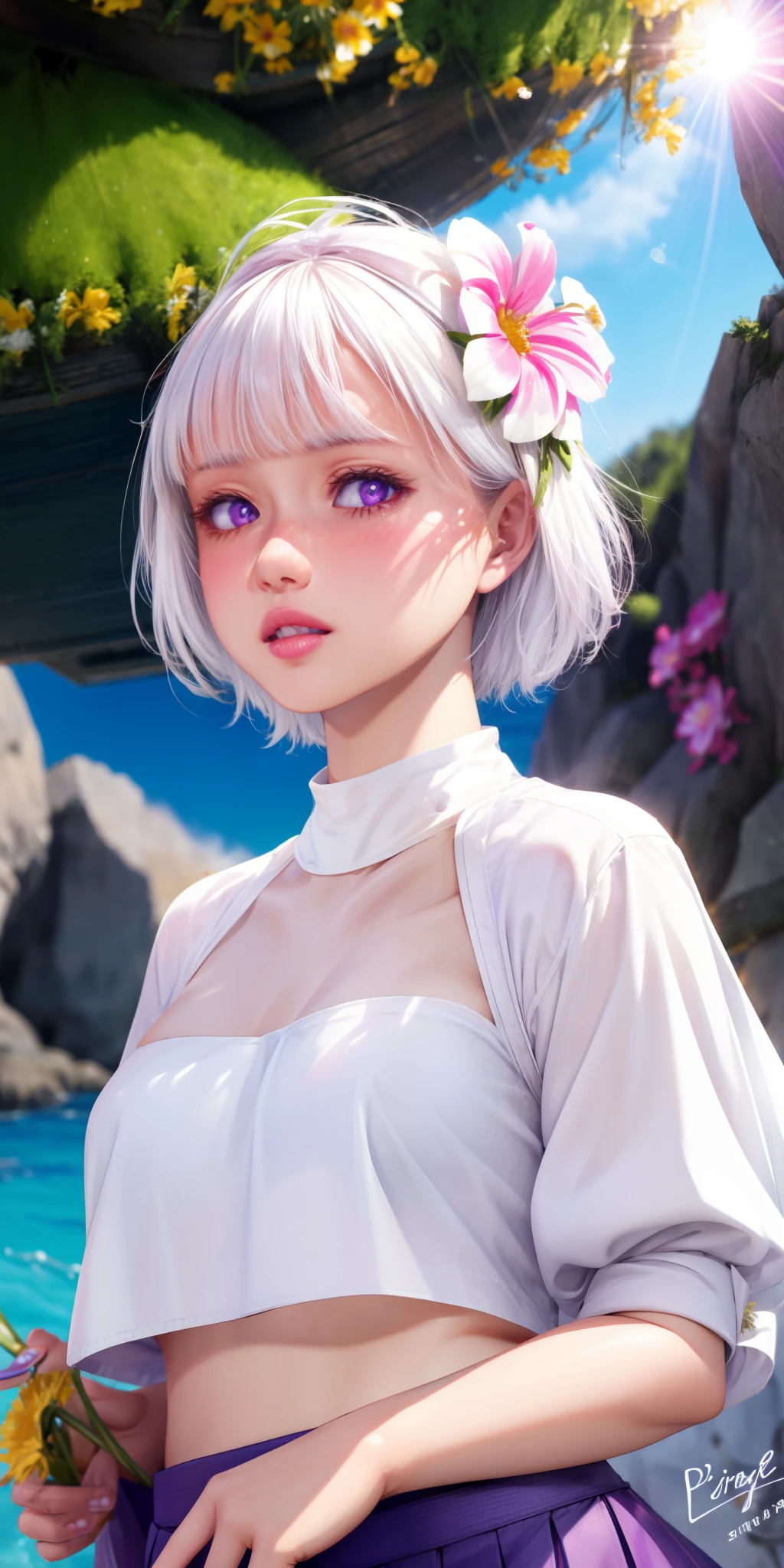 realistic, 1girl, white hair, purple eyes, glowing eyes, crop top, skirt, parted lips, blush, night, flowers, sun, sunlight,