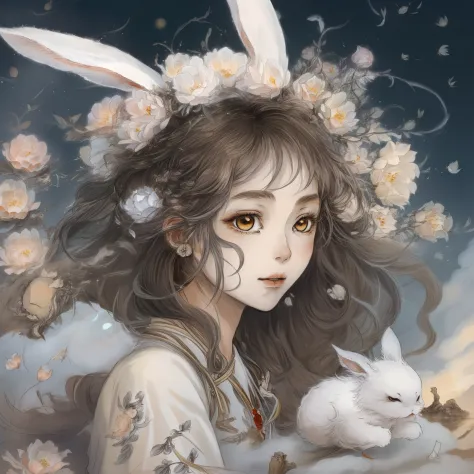 yamazawa， themoon， clouds， skysky， 1girll， long whitr hair， 独奏， brunette color hair， smart rabbit，painting of a（curly）， natta， j...