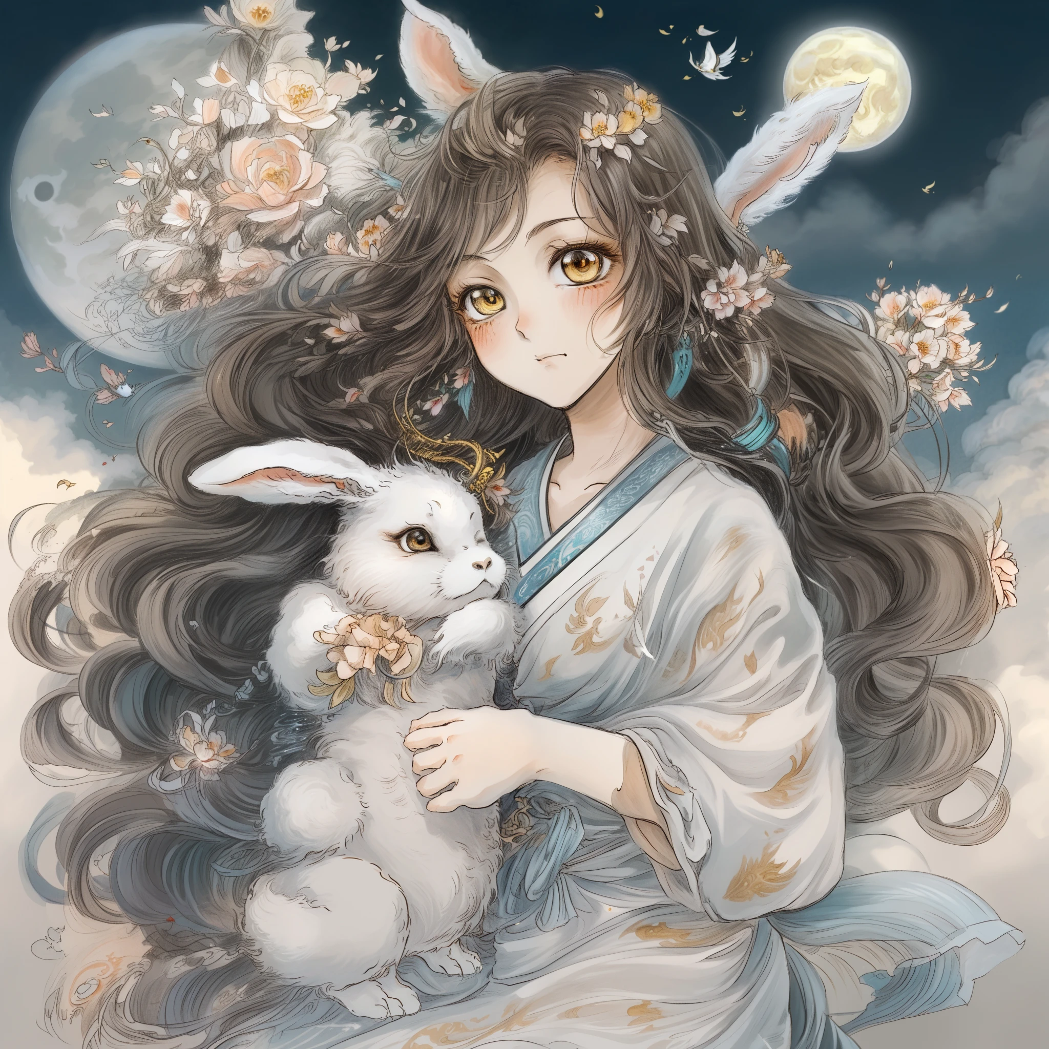 Yamazawa， themoon， Clouds， Skysky， 1girll， long whitr hair， 独奏， brunette color hair， Smart rabbit，painting of a（curly）， natta， jewely， Traditional media，  fresh flowers，
high high quality，