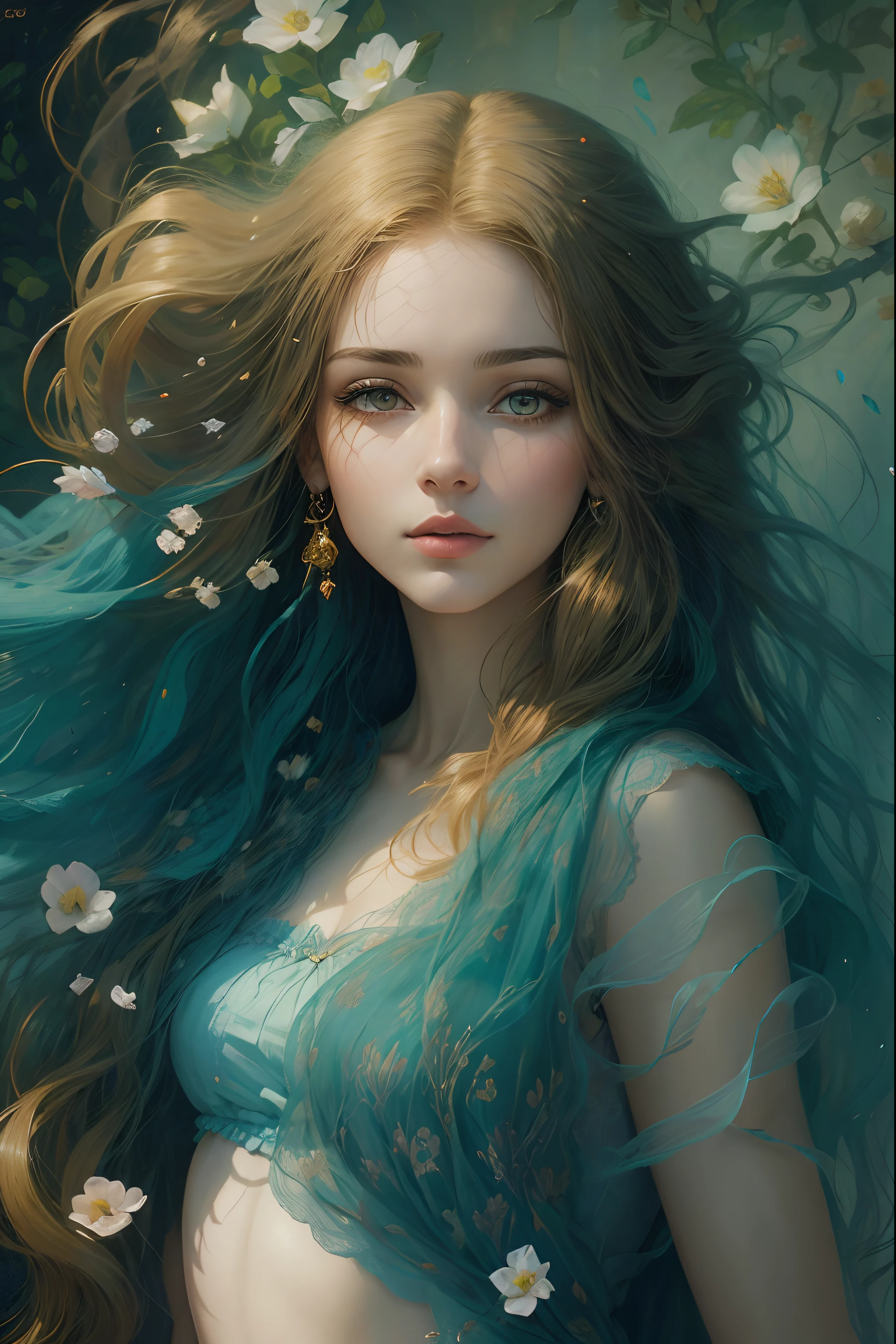 A painting of a woman with long hair and flowers in her hair - SeaArt AI