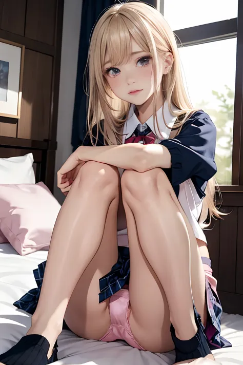 photorealisim、top-quality、超A high resolution、NSFW、Japanese high school  girl、18year old、Girl in uniform sitting on bed、low  angle shot:1.5、M-shaped legs:1.4、She opened her legs wide:1.5、Sitting with your knees bent and your legs spread、((Show panties:1.5))...