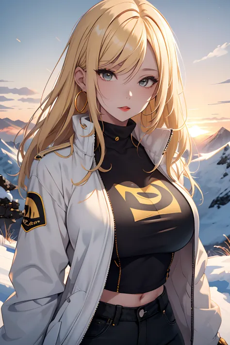 1girl, yellow hair, white jacket, black t shirt , black short jeans , round earings, red lips , standing on a snowy capped mount...
