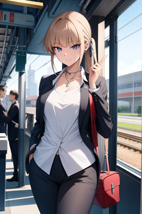 (masterpiece, best quality, detailed),1girl, tokidef,  in business attire standing on a train platform, attractive anime girl, s...