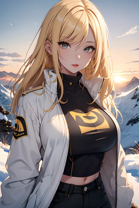 1girl, yellow hair, white jacket, black t shirt , black short jeans , round earings, red lips , standing on a snowy capped mount...