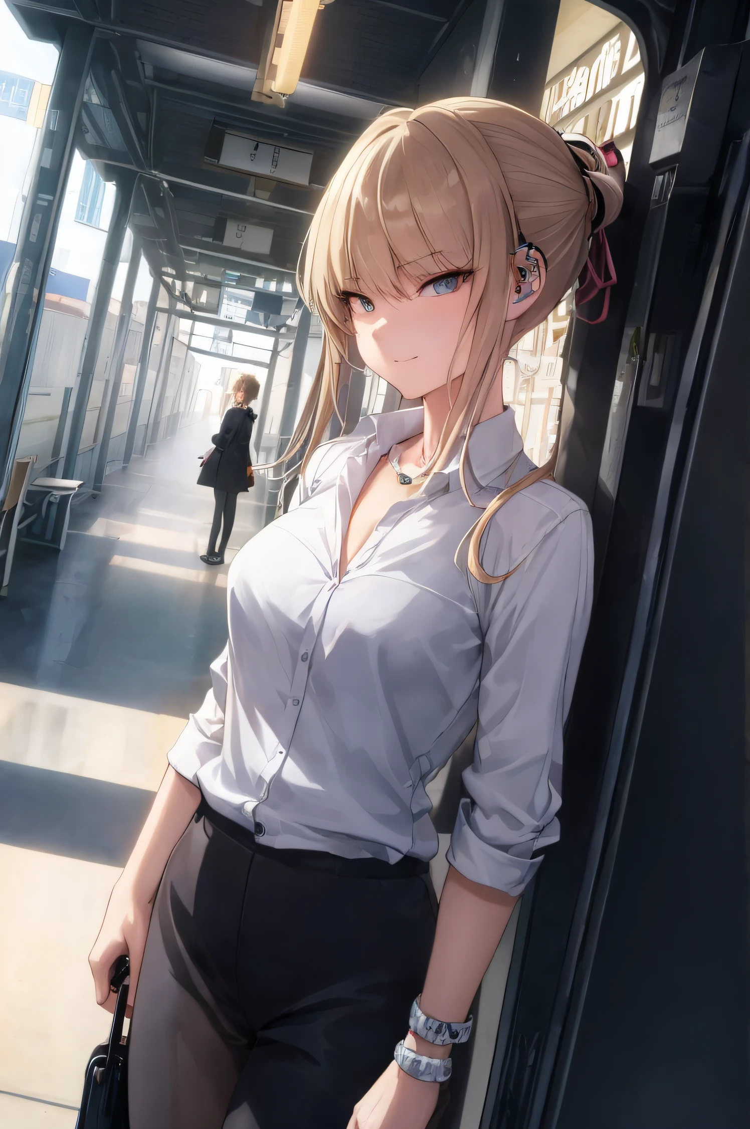 (Meisterwerk, beste Qualität, ausführlich),1 Mädchen, tokidef,Blondes Haar, in einem Bahnhof stehen, makoto shinka, Verführerisches Anime-Mädchen, attraktives Anime-Mädchen, Sanfte Anime-CG-Kunst, (sfw) sicher zum Arbeiten, neckendes Lächeln,clean ausführlich anime art,Hohe Auflösung, (perfekte Hände, Perfekte Anatomie),