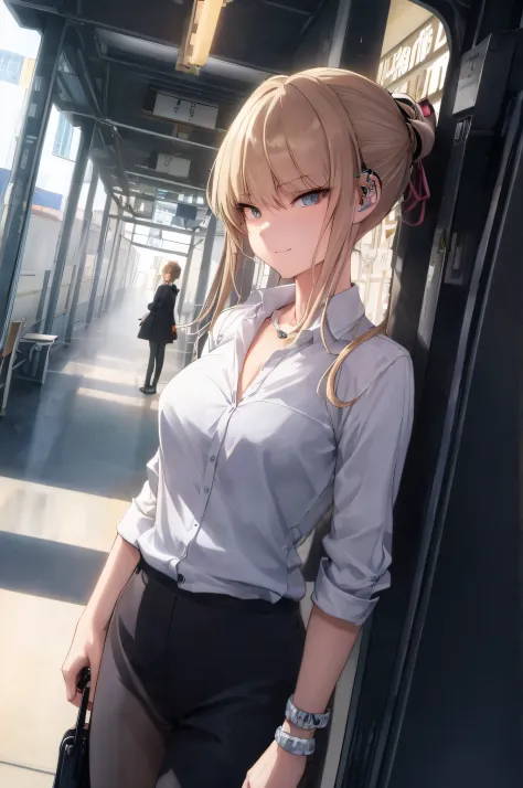 (masterpiece, best quality, detailed),1girl, tokidef,blonde hair, standing in a train station, makoto shinka, seductive anime gi...