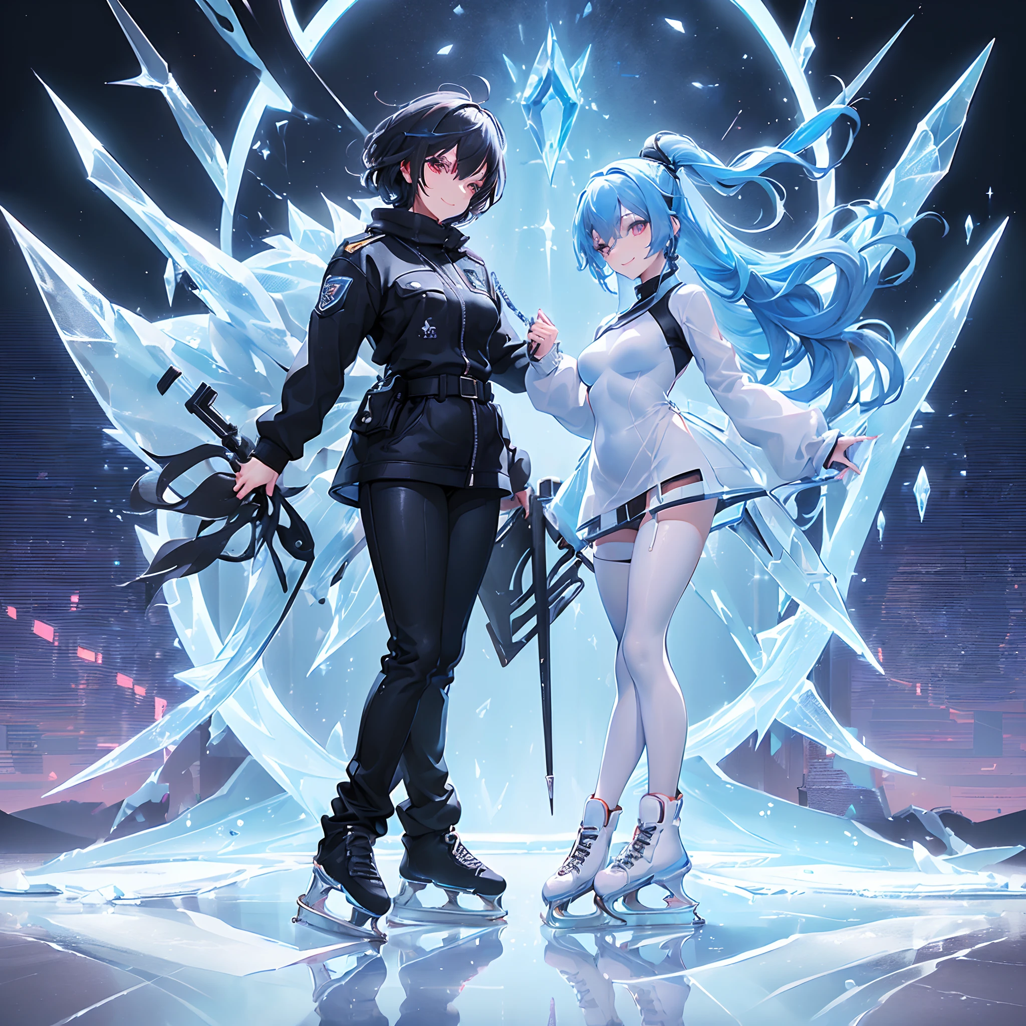 ((((fullllbody,Ice skaters in thick clothes, sensual smiling, 1 persons)))No background, One Young Woman, police officers,Ice-based weapons,blue hairs, red hairs, eye reflections, Open Makeup, high detailing, Gothic art, Ray tracing reflected light, masutepiece,  Super Detail, high detailing, High quality, Better Quality