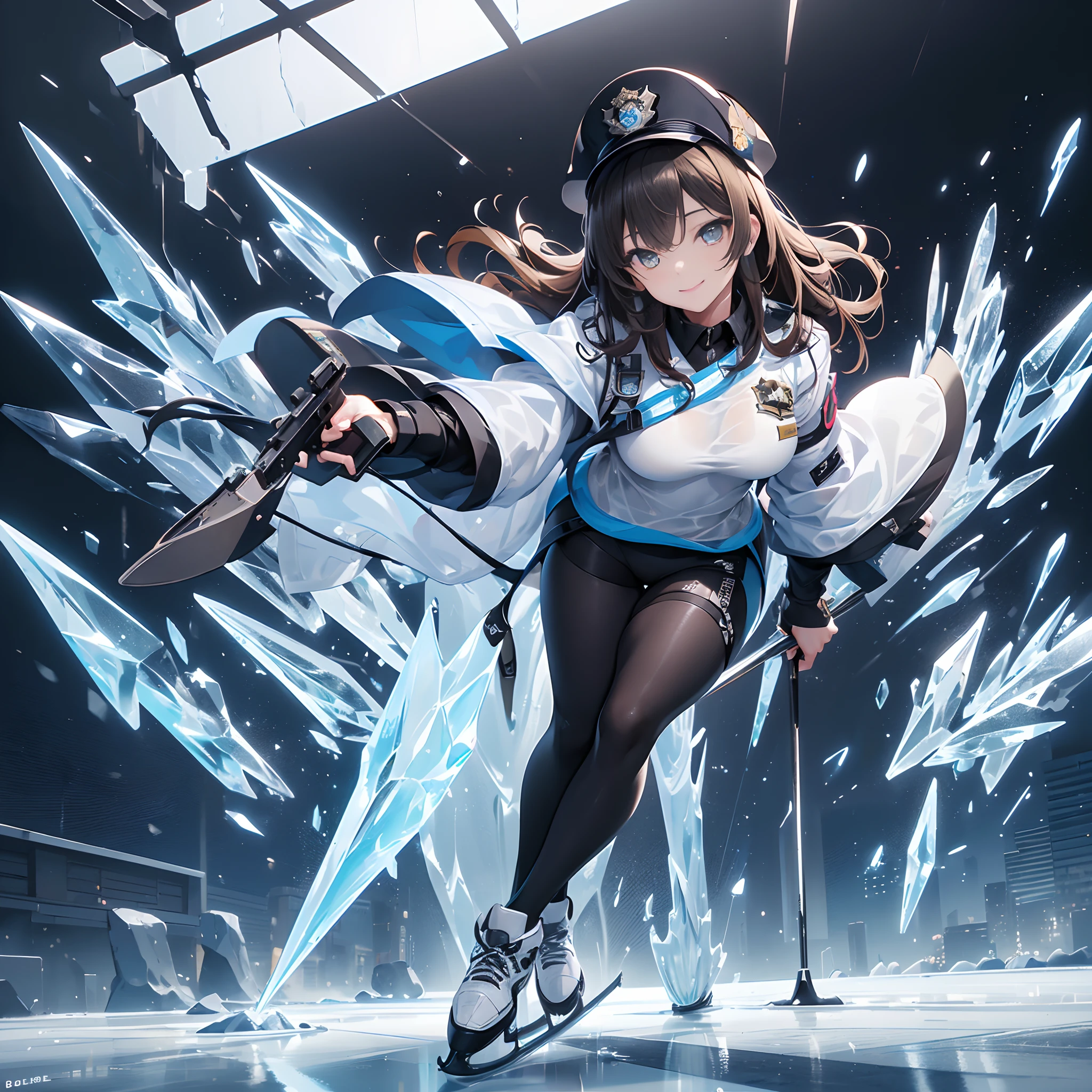 ((((fullllbody,Ice skater in police clothes, sensual smiling, 1 persons)))No background, One Young Woman, police officers,Ice-based weapons,Brown hair, eye reflections, Open Makeup, high detailing, Gothic art, Ray tracing reflected light, masutepiece,  Super Detail, high detailing, High quality, Better Quality, Luxury, Reflected Light, multi view, Perspective, ultra wide-angle,