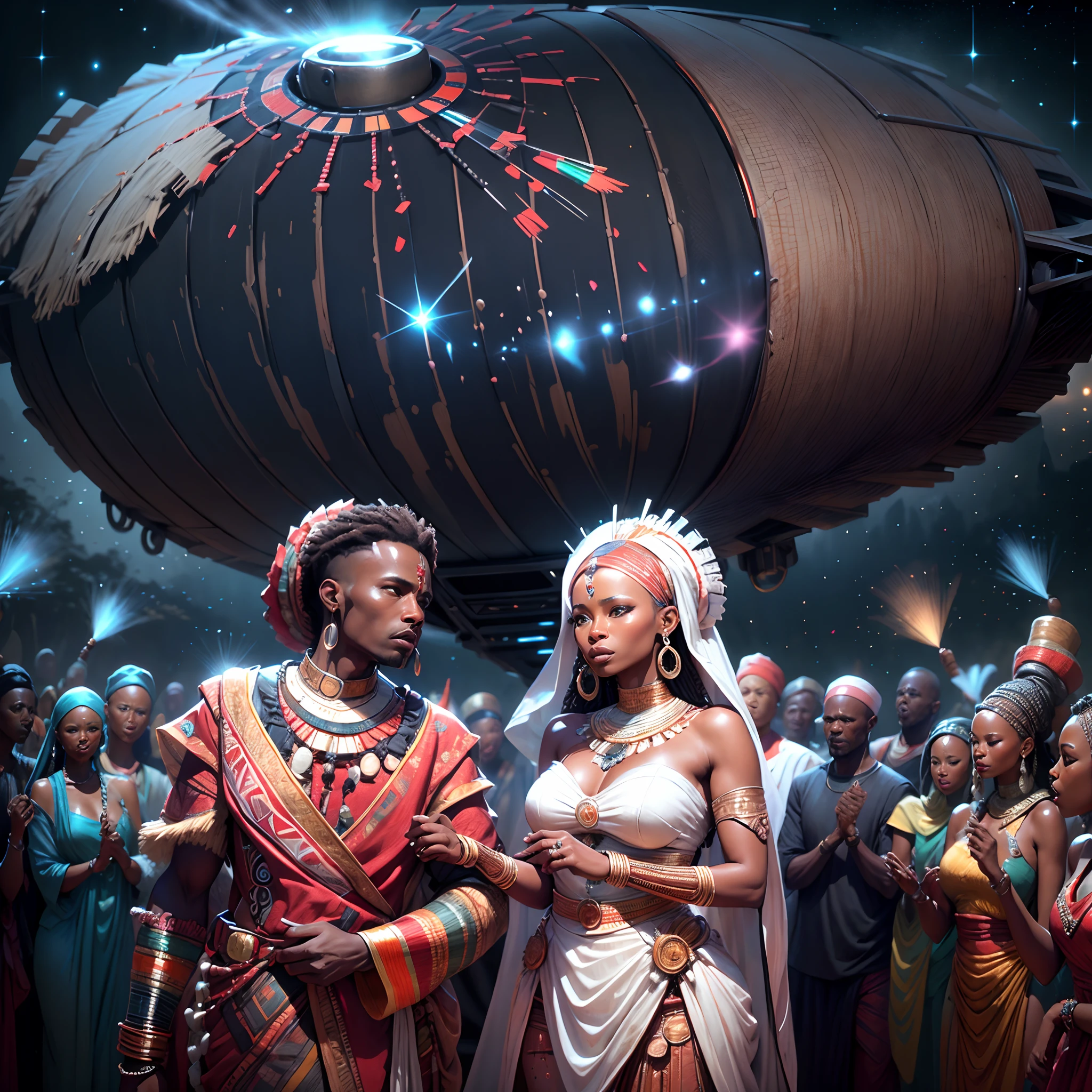 Happy African man marrying African woman both wearing African designed clothes, marriage ceremony on an  futuristic african designed spaceship, surrounded by a celebrating congregation all in african designed clothes, African designed drones above them spraying shinning particles in air, african designed spaceship full of African designed instruments, african designed sculptures, pots, night time, moon and stars shining, with iridescent light, photorealistic image, 32k, ultra HD, cinematic lighting, artgerm style, --auto --s2