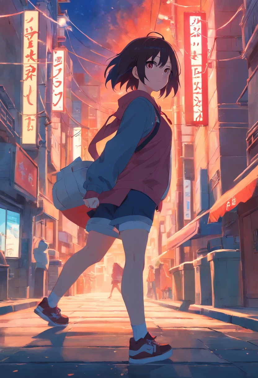 Anime girl walking down the street with a backpack in her hand - SeaArt AI