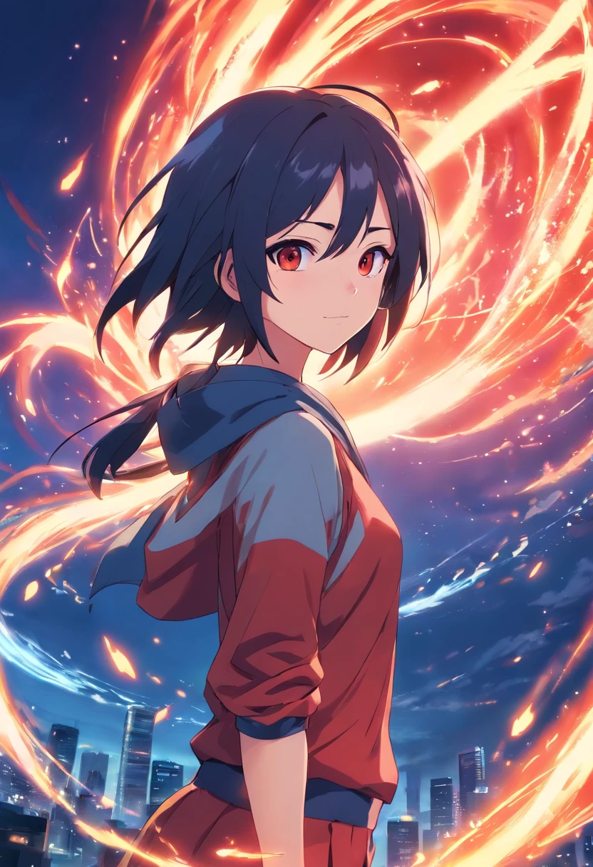 A girl with long hair and a red shirt stands in front of a spiral of fire -  SeaArt AI