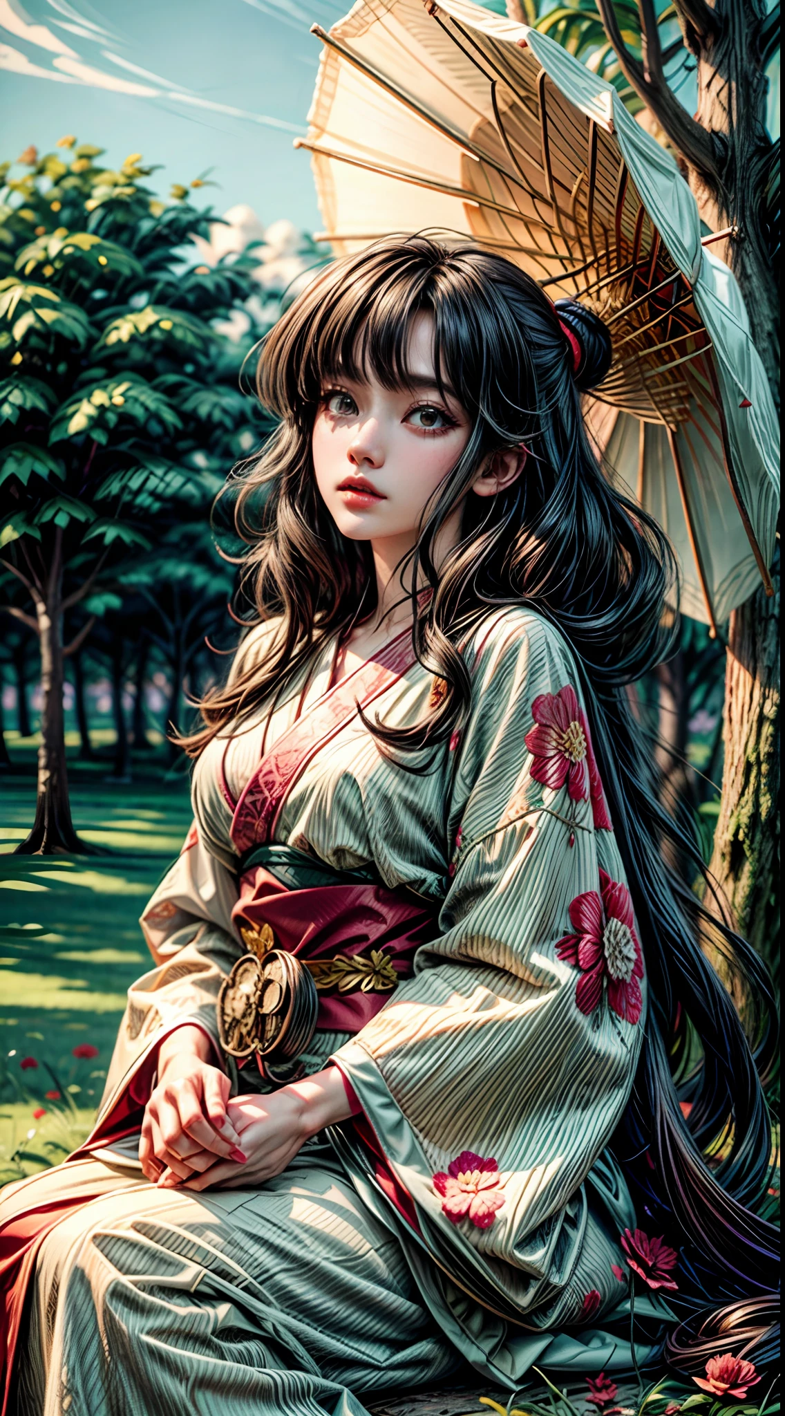 ผู้หญิง 1 คนหน้าม้าปิดชุดกิโมโนทั้งตัว, เย้ายวนใจนั่งอยู่บนต้นไม้สูง ผมยาว ยิงกว้าง สุสานหมึกญี่ปุ่นอันเคร่งขรึม, มุมมองจากด้านล่าง, การไล่ระดับสี, อะนิเมะ (งานศิลปะโดยฮิโรชิ โยชิดะ ฮิโรชิ นากาอิ) ทำลายดอกไม้สีแดง