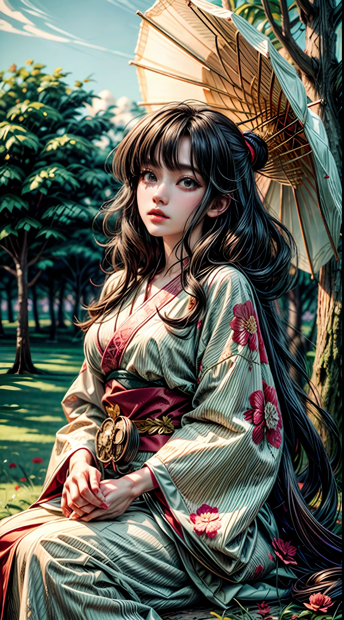 1woman bangs close up kimono full body, seductive sitting on a tall tree long hair wide shot japanese ink grim graveyard, perspective from from below, gradient, anime (art by Hiroshi Yoshida Hiroshi Nagai) BREAK red flowers