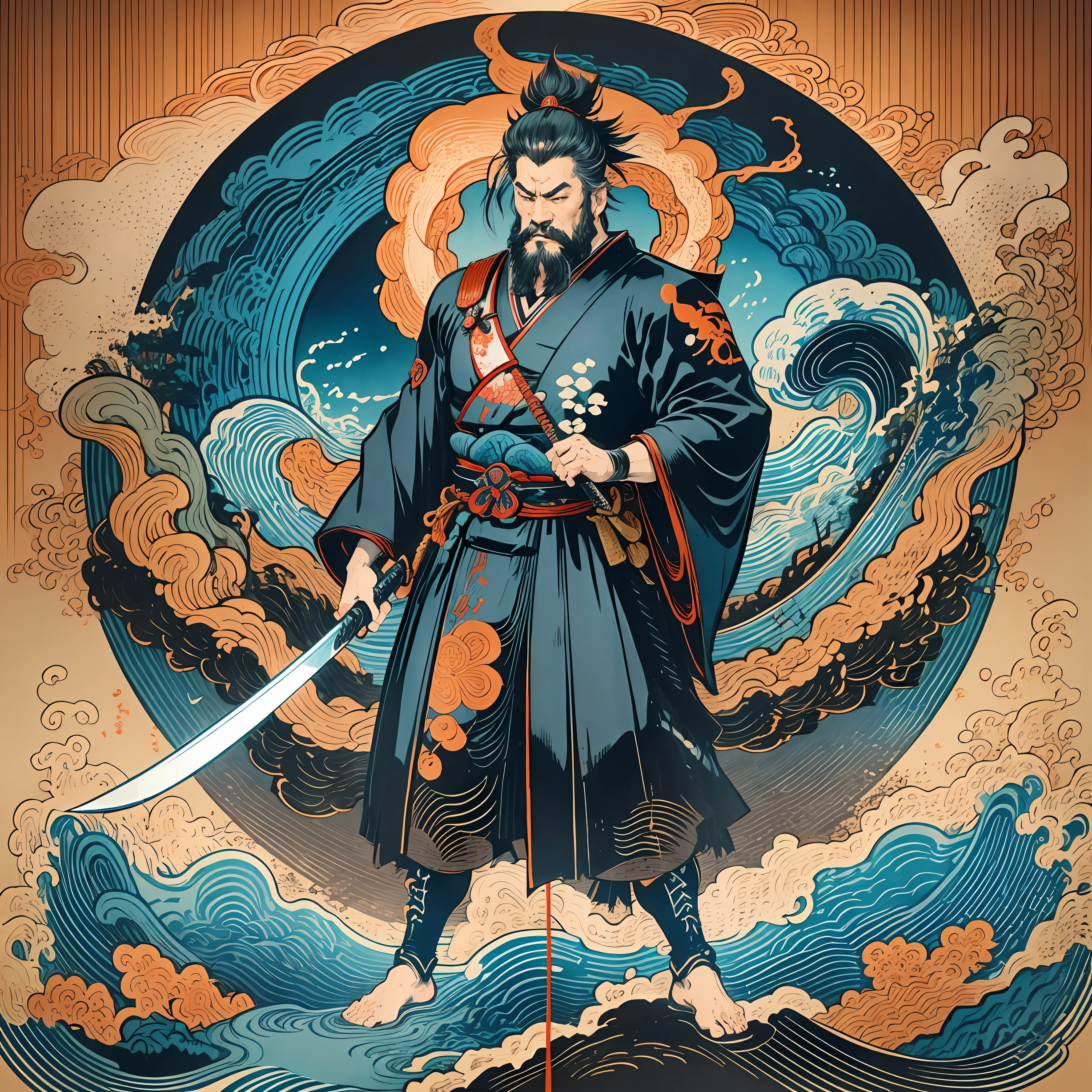 It is a full-body painting with natural colors with Katsushika Hokusai-style line drawings. The swordsman Miyamoto Musashi has a big body like a strongman. Samurai of Japan. With a dignified but manly expression of determination, he confronts evil spirits. He has black short hair and a short, trimmed beard. His upper body is covered in a black kimono and his hakama is knee-long. In his right hand he holds a Japan sword with a longer sword part. In the highest quality, masterpiece high resolution ukiyo-e style lightning and swirling flames. Among them, Miyamoto Musashi is standing with his back straight, facing the front.