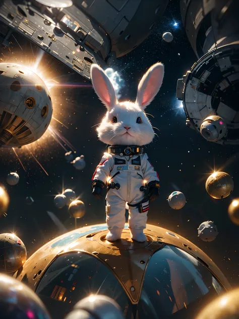 Cute rabbit floating in space in spacesuit,  Some long black alien ships docked behind them, A huge black hole forms behind it。,...