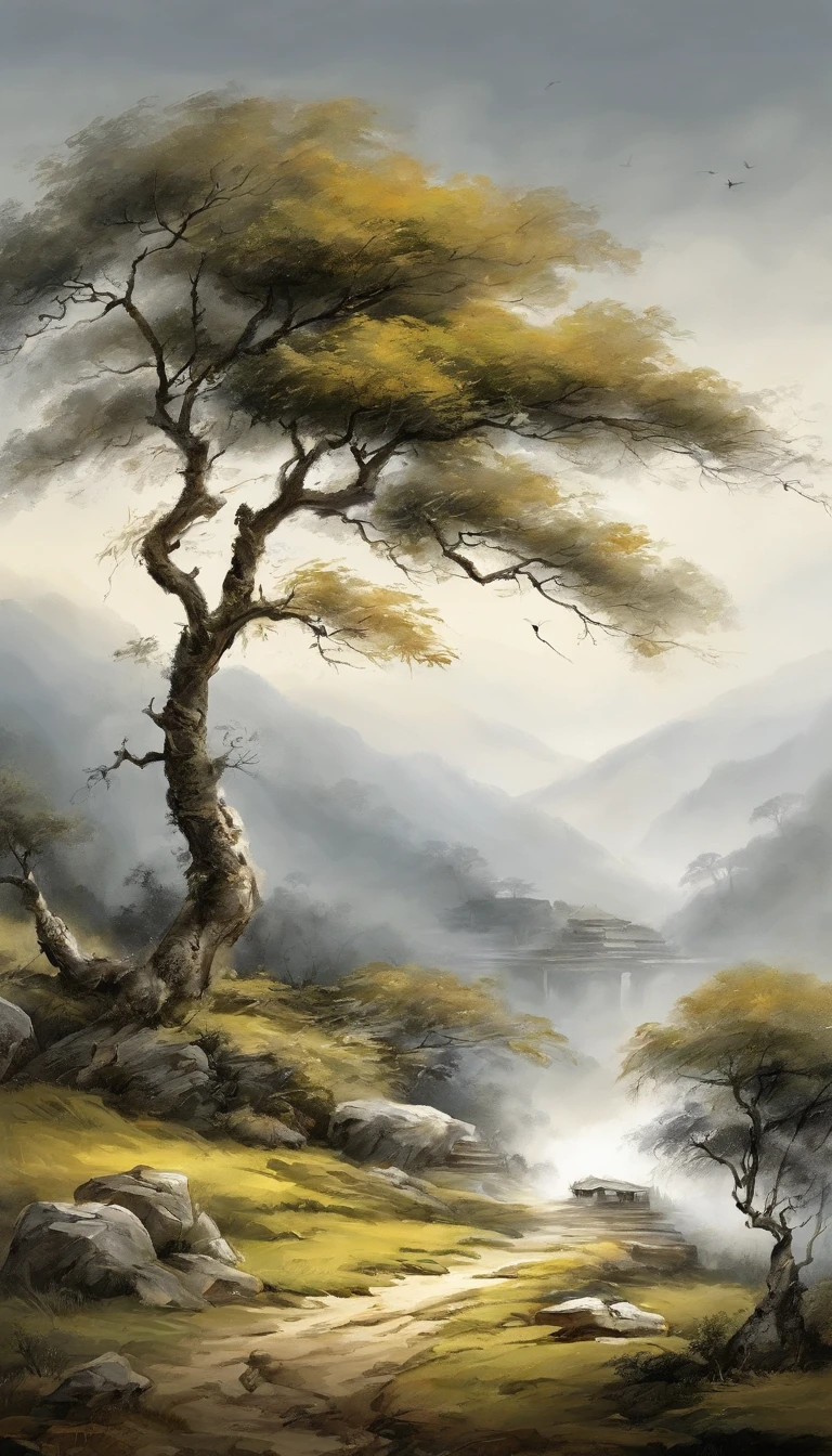 Chinese landscape painting，ink and watercolor painting，water ink，ink，Smudge，Faraway view，Ultra-wide viewing angle，Meticulous，Five cow diagram，Five scalpers，River side，Small Stone Bridge，grassy fields，The tree，The vista is a mountain，（8k wallpaper），（light and shadow effect），rendering by octane，White balance design，Extremely detailed picture depiction，wide angles，depth of fields，tmasterpiece，realisticlying，Beautifully depicted，A detailed，acurate，Works of masters，tmasterpiece