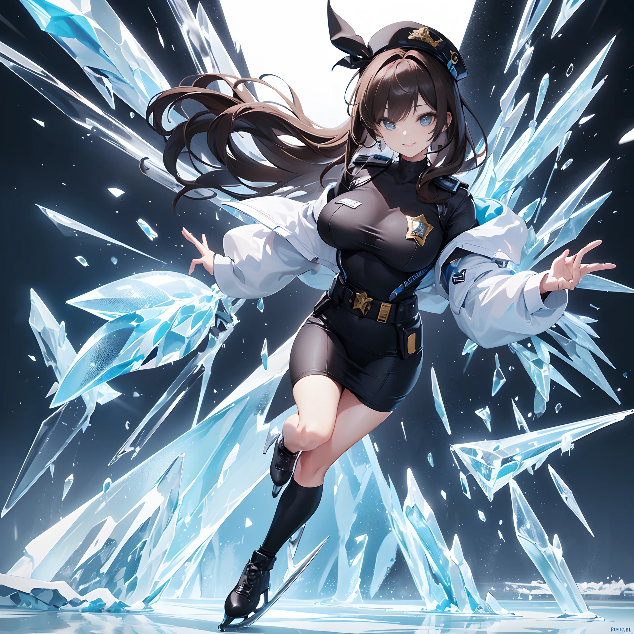 ((((fullllbody,Ice skater in police clothes, sensual smiling, 1 persons)))No background, One Young Woman, police officers,Ice-based weapons,Brown hair, eye reflections, Open Makeup, high detailing, Gothic art, Ray tracing reflected light, masutepiece,  Super Detail, high detailing, High quality, Better Quality, Luxury, Reflected Light, multi view, Perspective, ultra wide-angle,